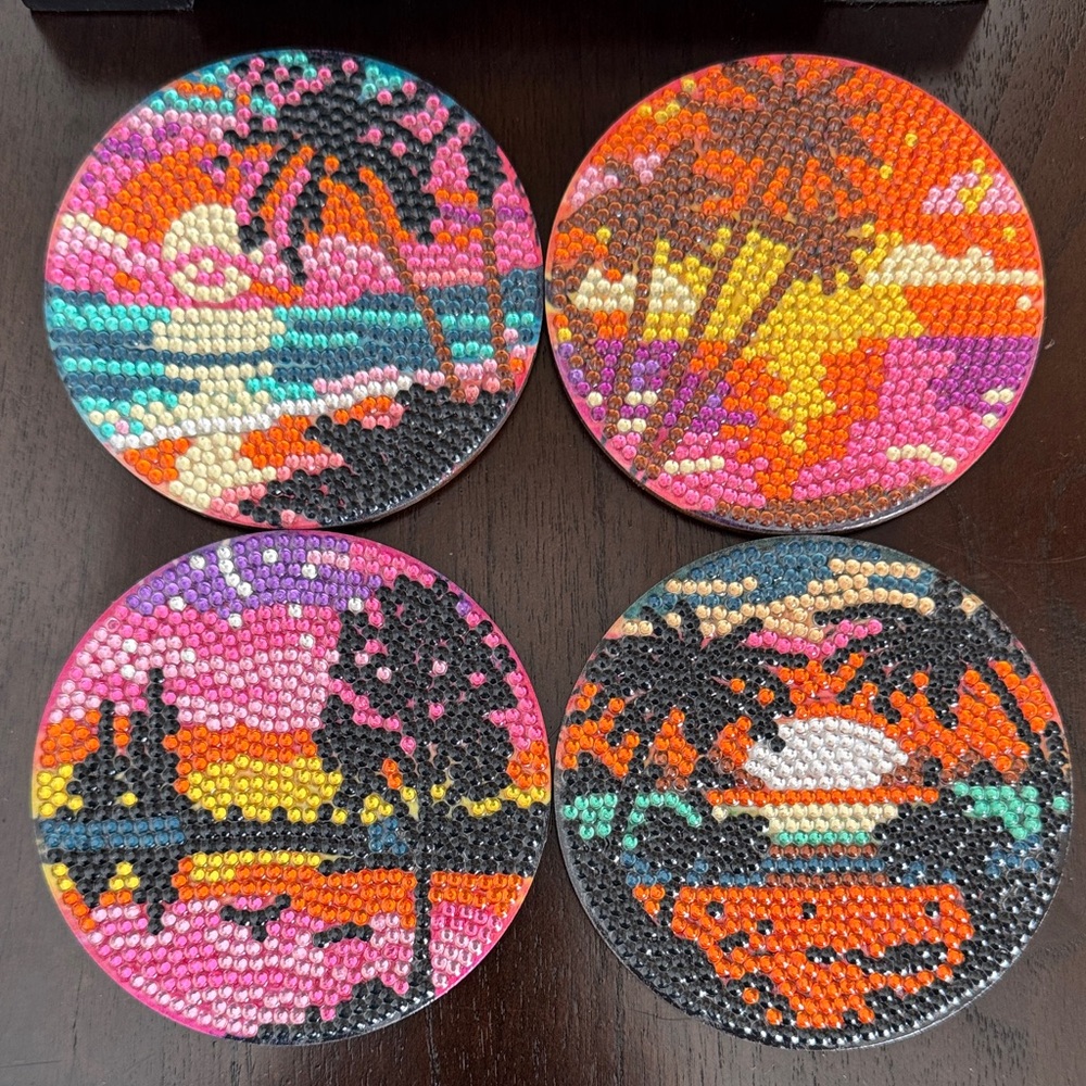 Sunset-Themed Diamond Art Coasters – Set of 4 w/Metal Display Stand